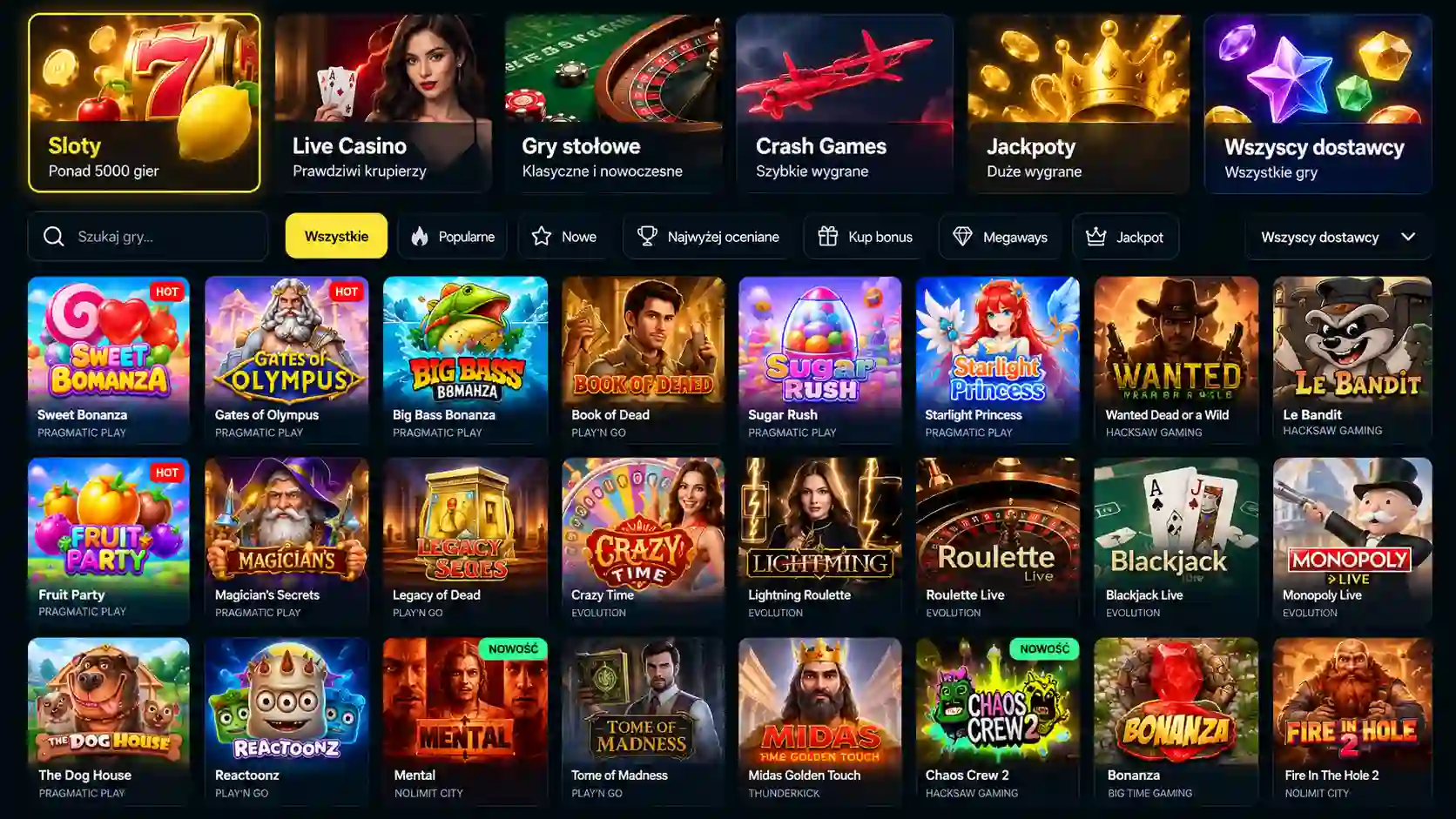 Biblioteka gier Lemon Casino z kategoriami i slotami