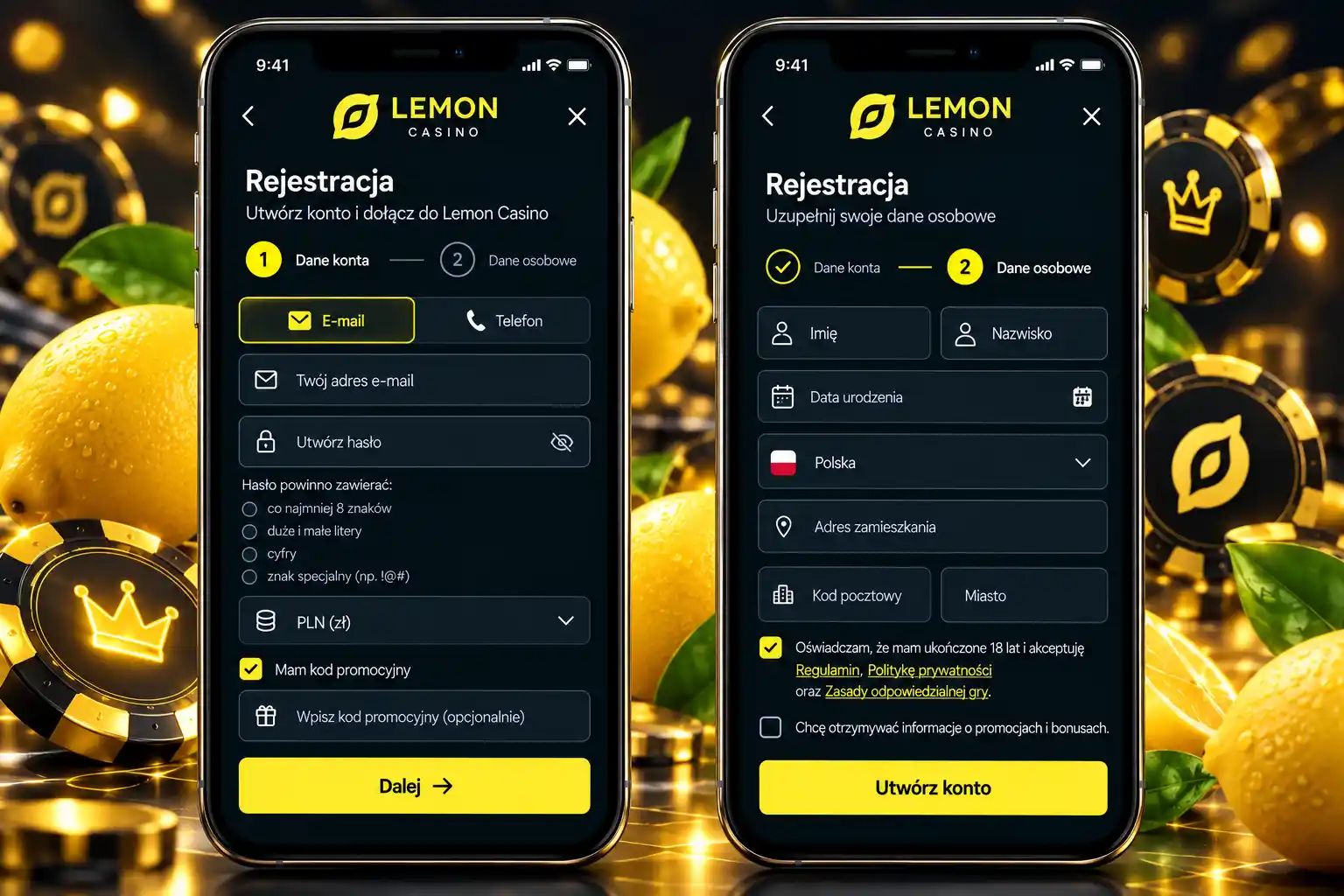 Dwuetapowy formularz rejestracji Lemon Casino